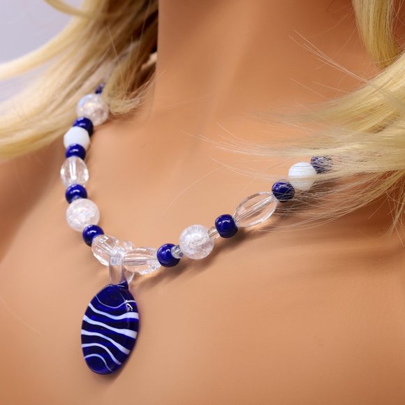 Necklace Crystal Milk Glass Pendent White Blue - Picture 2 of 3